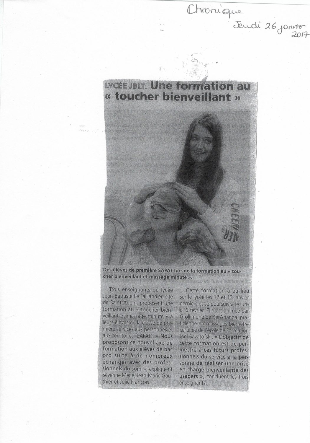 Article formation massage Juliette Grollimund en Lycée professionnel